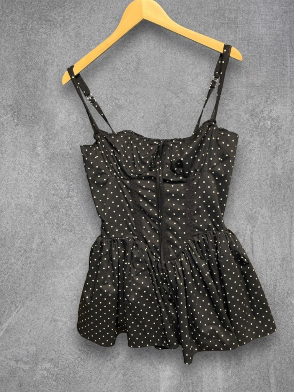 Rich & Famous Polka Dot Corset Top Medium Lace Up Bustier Peplum Tank Coquette